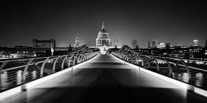 video production in London St Paul's Cathedral from the London Millenium footbridge over the River Thames at night; 464707